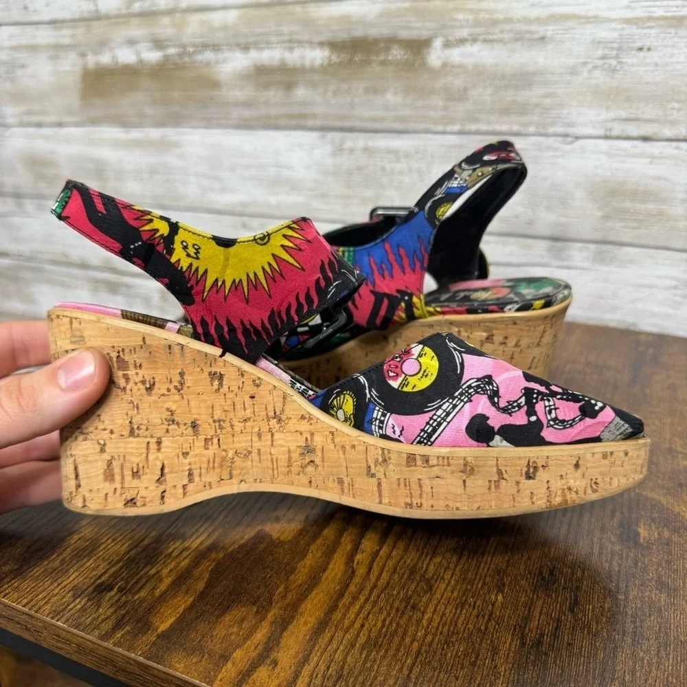 Nicole Miller Silk Platform Wedge Sandals 1960's Jazz Soul Music Pattern Size 7
